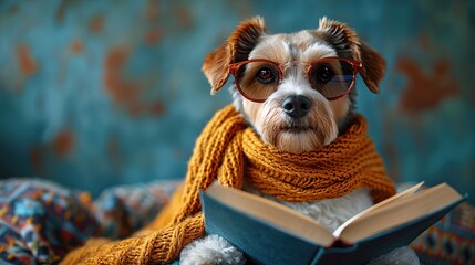 Canvas Print - Dog Reading with Glasses and a Scarf