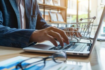 Businessman using laptop for online shopping during significant sale event to seize great discounts