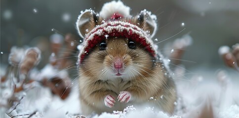 Wall Mural - Cute Hamster in a Winter Hat