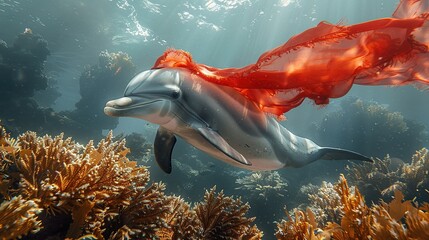 Wall Mural - Dolphin with Red Scarf Underwater