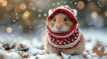 Poster - Cute Hamster in a Red Knitted Hat in the Snow