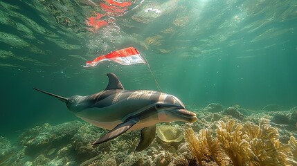 Poster - Dolphin with a flag in the clear ocean