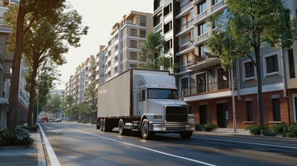 Medium Truck. Semi Hauler Delivering Cargo to New Apartment Building in Urban City Street