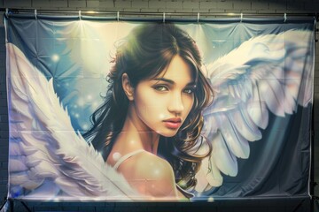 Wall Mural - A woman wearing angel wings, possibly an angel or a person dressed as one