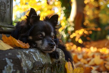 Wall Mural - Cute black chihuahua enjoys autumn vibes on a bench surrounded by golden leaves