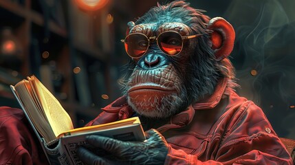 Sticker - Chimpanzee Reading a Book