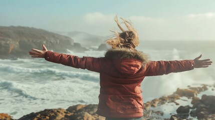 Woman with outstretched arms enjoying the wind and breathing fresh air on the rocky beach. landscape.