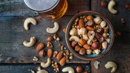 Mixed nuts in a bowl beer and nutritious snack top down perspective