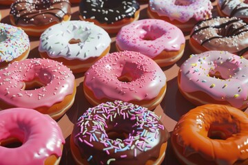 Wall Mural - Closeup of colorful glazed donuts with various toppings on a pink surface