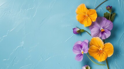 Canvas Print - Yellow and purple flowers on a pastel blue surface representing spring and Easter themes Top down view with room for text