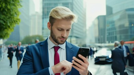 Wall Mural - Business man walking street texting on phone