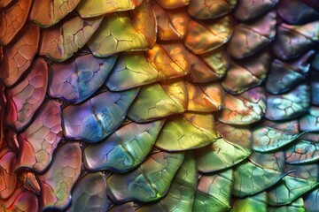 Sticker - Stunning closeup macrophotography of vibrant iridescent scales with intricate patterns and shimmering textures in natural rainbow colors. Showcasing the beautiful. Bright