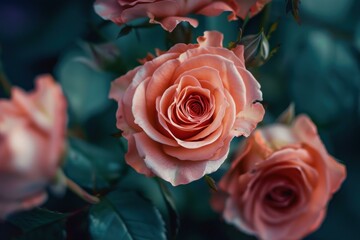 Canvas Print - Closeup of beautiful coral pink roses against a moody, dark teal background