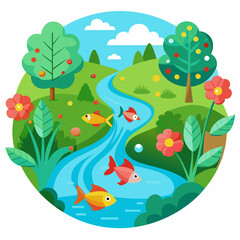  Illustration of a vibrant landscape with a river, trees, and fish, promoting environmental conservation and nature preservation.