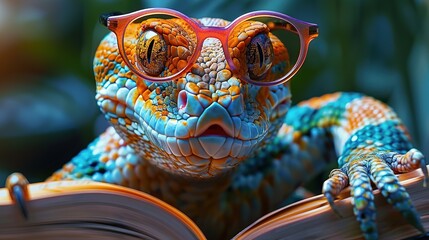 Sticker - A Lizard Wearing Glasses Reads a Book