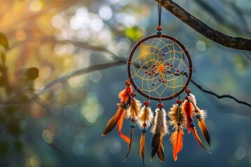 Poster - Artisanal dream catcher hangs tranquil against a blurred natural backdrop, bathed in warm sunlight