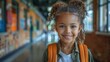© Juanma Cuevas - 6 year old girl with orange backpack smiles while carrying a folder in a school hallway. She wears a white t-shirt and a green jacket, representing the concept of back to school.