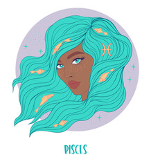 Wall Mural - Illustration of Pisces astrological sign as a beautiful African American girl. Zodiac vector illustration isolated on white. Future telling, horoscope, alchemy, spirituality, fashion black woman.