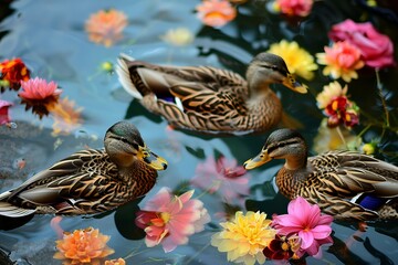 pair of ducks glide on water surrounded by vibrant floating flowers