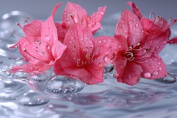 Wall Mural - Closeup of pink flowers floating on water with water droplets