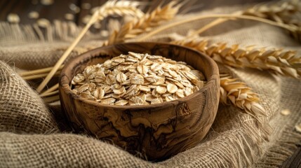 Wall Mural - Uncooked oat flakes in a rustic wooden bowl on sackcloth representing healthy vegan eating Focus is selective