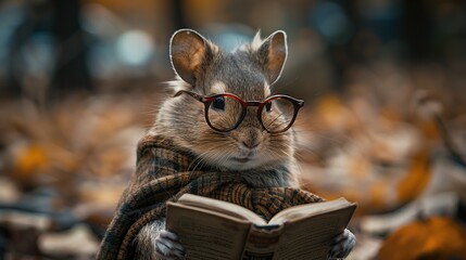 Canvas Print - A Cute Hamster Wearing Glasses Reading a Book