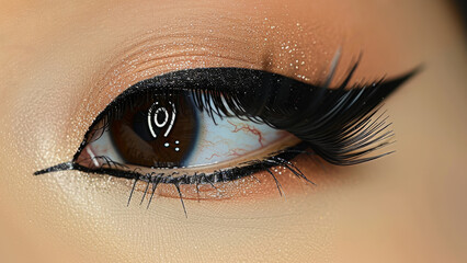 Close up of dark brown eye with eyeliner, false lashes, eyeshadow on tan skin in studio lighting