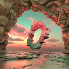 Wall Mural - Surreal landscape with  ring-shaped rock and water