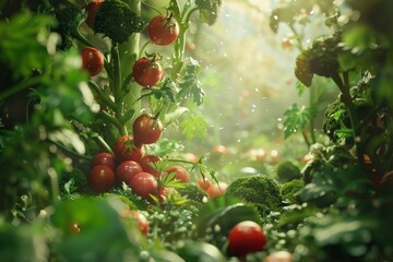 Sticker - Breathtaking sunlit vegetable garden splendor with ripe tomatoes and lush broccoli under the warm summer sun