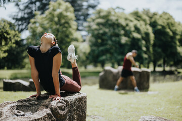 Wall Mural - A fit couple engages in stretching exercises in an urban park, with a focus on well being and active lifestyles in a natural setting.