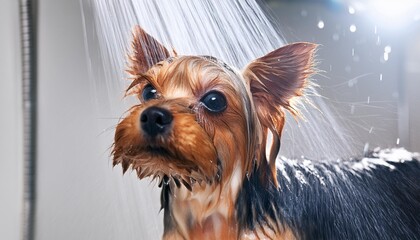 Poster - yorkshire terrier taking a shower generative ai