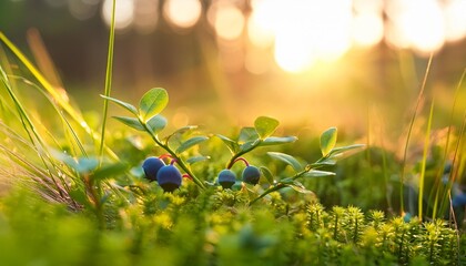 Wall Mural - nature forest berries sprout of blueberry in a deep green grass backlit by the sunset