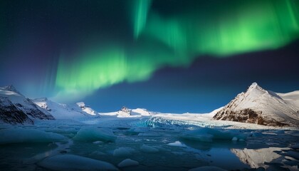 Wall Mural - the aurora borealis above the ice glacier are behind the pointed snow peaks