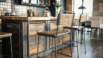 Wall Mural - Industrial Style Metal Bar Stools with Wooden Seats in Contemporary Kitchen