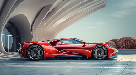 Wall Mural - Side view of futuristic red and white sports car in a studio setting
