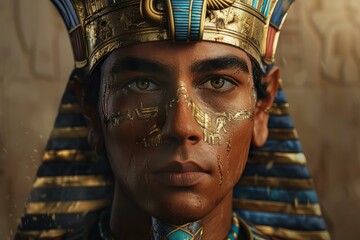 Digital artwork of a young pharaoh with traditional makeup and headdress