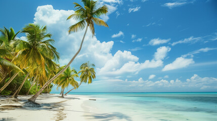 Wall Mural - A beautiful beach with palm trees and a blue sky