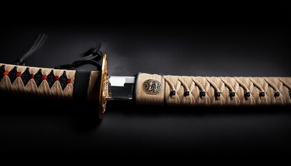 horizontal photo of sheathed katana with details of the handle and sheath traditional japanese sword isolated on black background