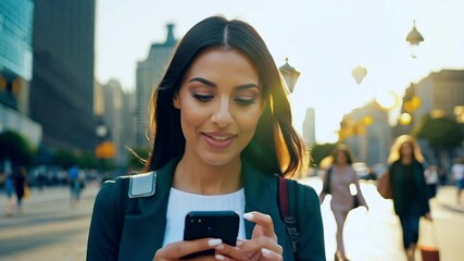 Canvas Print - Business woman walking street texting on phone