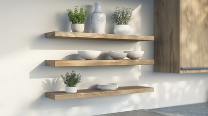 Wall Mural - Minimalist Floating Shelves with Decorative Ceramic Vases in Modern Kitchen