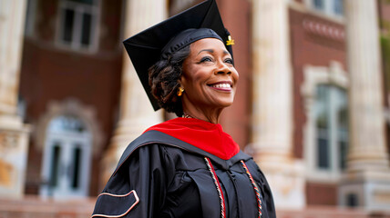 Happy senior black woman wearing graduation cap and gown