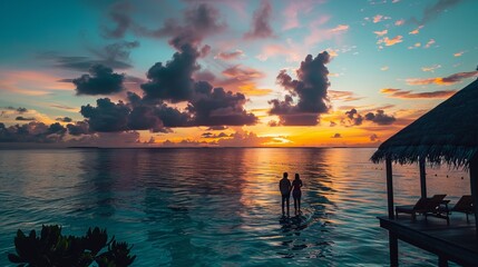 Wall Mural - A couple's silhouettes appear against the backdrop of a dramatic sunset over the ocean, with vibrant colors and a tranquil atmosphere reflecting peace and unity under the sky.