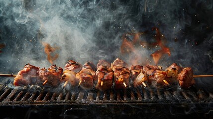 Wall Mural - Juicy grilled kebabs on the barbecue with smoke and flames. Perfect for BBQ and cooking enthusiasts. High-quality, detailed photography of delicious kebabs in a smoky background, capturing 