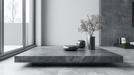 Modern gray stone coffee table in a minimalist living room, sleek home decor,