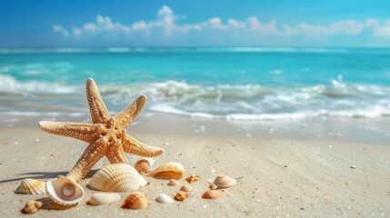 Wall Mural - Beautiful beach scene with starfish and seashells on the sand. Bright and vivid colors. Perfect image for summer or vacation themes. Ideal for promotional purposes. AI