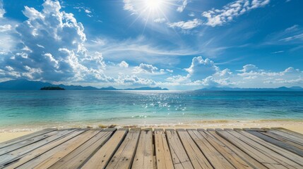 Wall Mural - Scenic wooden deck overlooking a sunny beach and vibrant sea. Ideal for travel and vacation themes. Perfect for relaxation and nature. AI