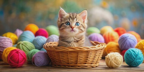 Playful kitten surrounded by colorful balls of yarn in a cozy basket, kitten, basket, balls, yarn, playful, cute, pet, feline, animal