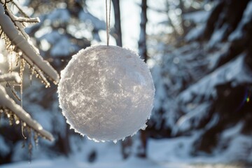 Poster - Frosty ice ball glistens in the soft winter sunlight, suspended among snowy trees