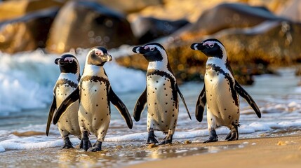 A charming scene of four penguins walking together on a sandy beach with ocean waves gently crashing in the background, highlighting their camaraderie and natural habitat.