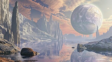 Wall Mural - A softly illuminated alien world with towering rocky formations, a massive planet looming nearby, reflective waters, and vibrant skies, creating a serene yet surreal scenery.